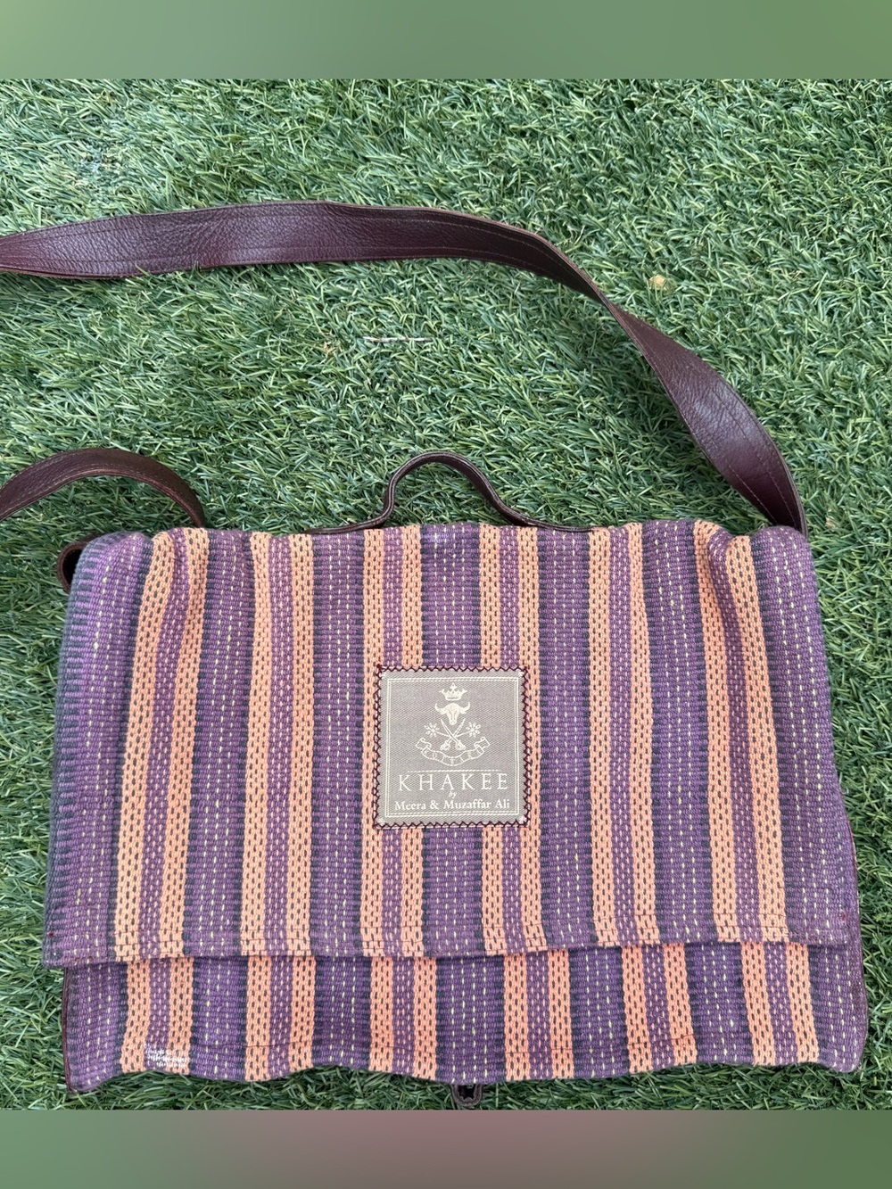 Khakee by Meera & Muzaffar Ali Woven Stripe Crossbody Bag Purple Tan Artisan Bag
